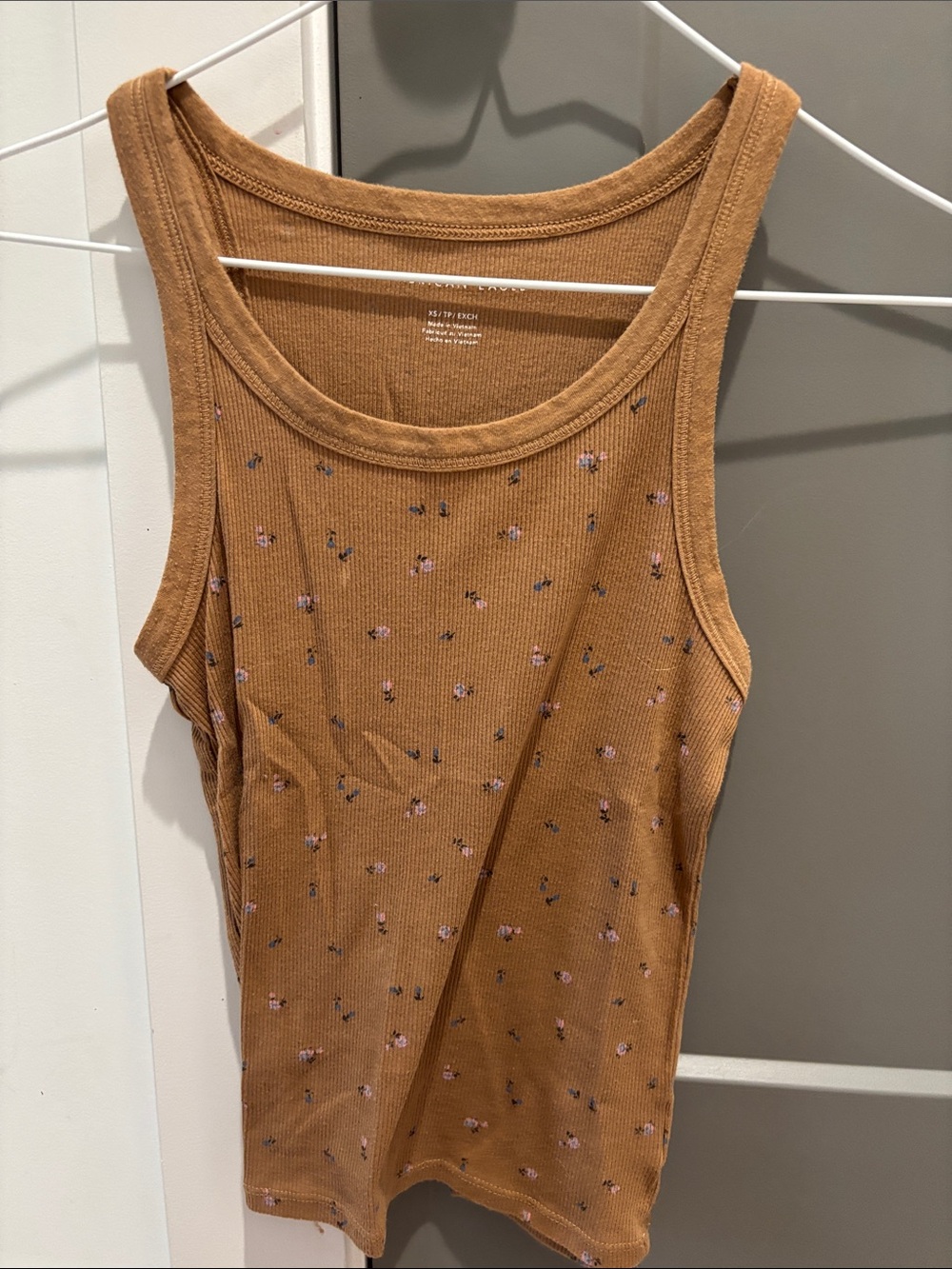 American Eagle Women's Ribbed Tank Top in Brown with Floral Print